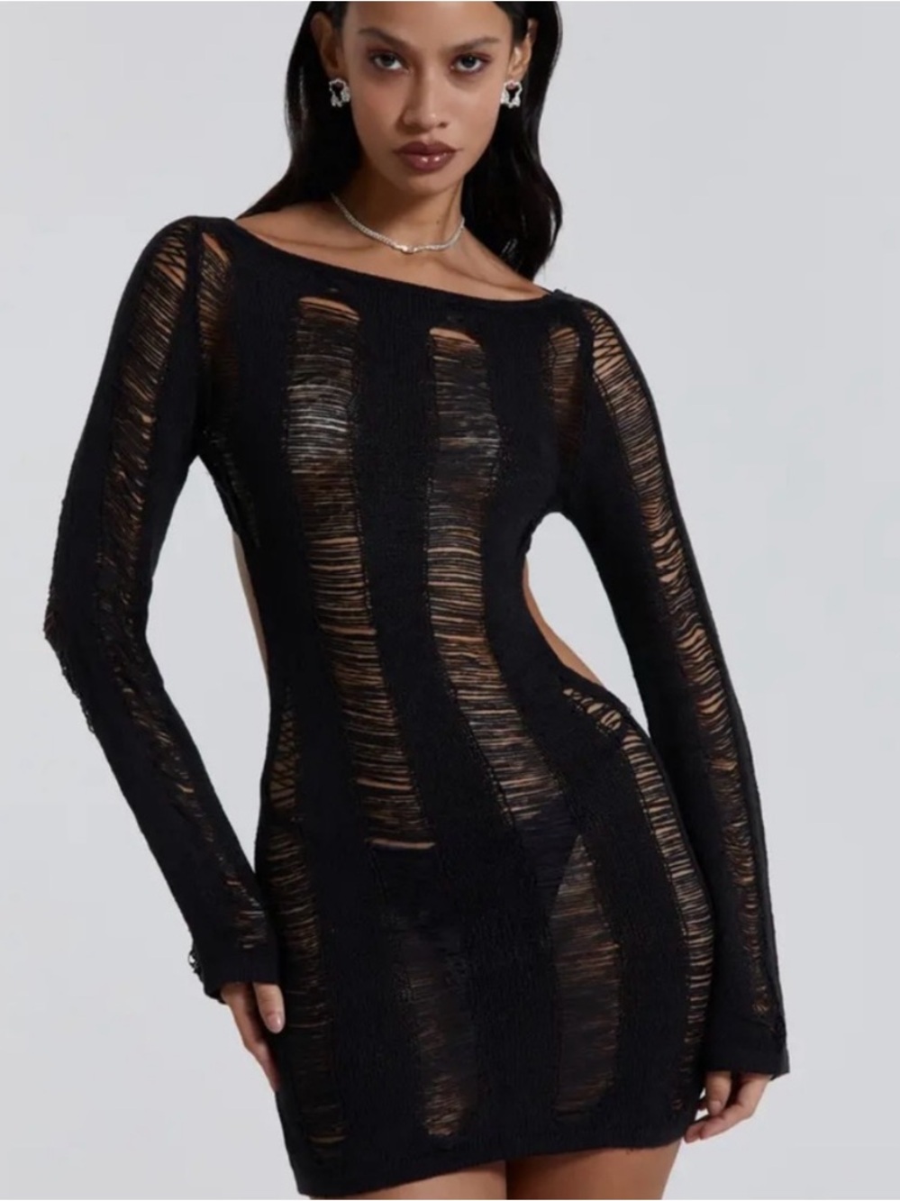 NWOT Jaded London Black Sheer Striped Knit Long-Sleeve Cutout Umbra Dress
